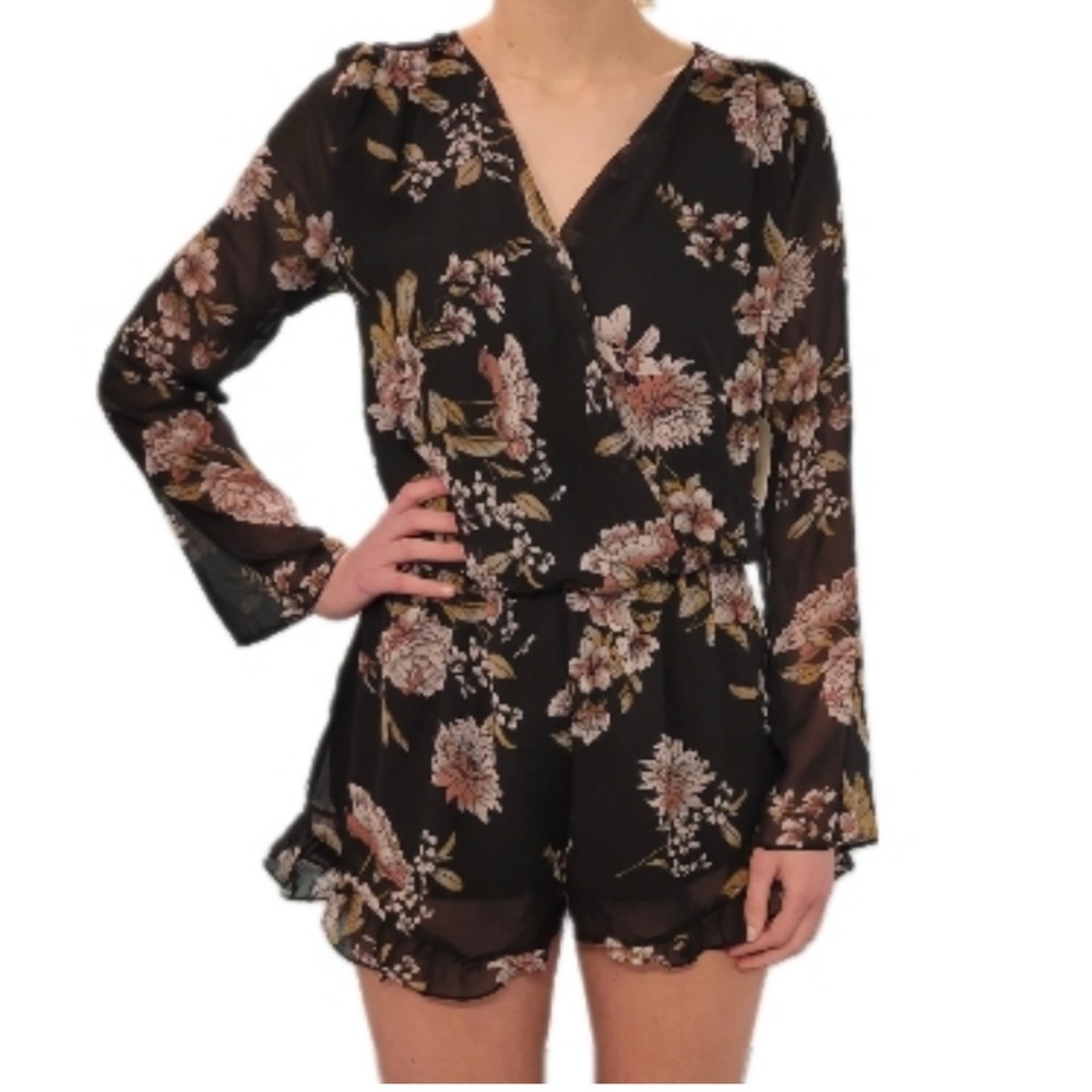 Altar’d State Black Floral Romper With Sheer Long Sleeves Size Small